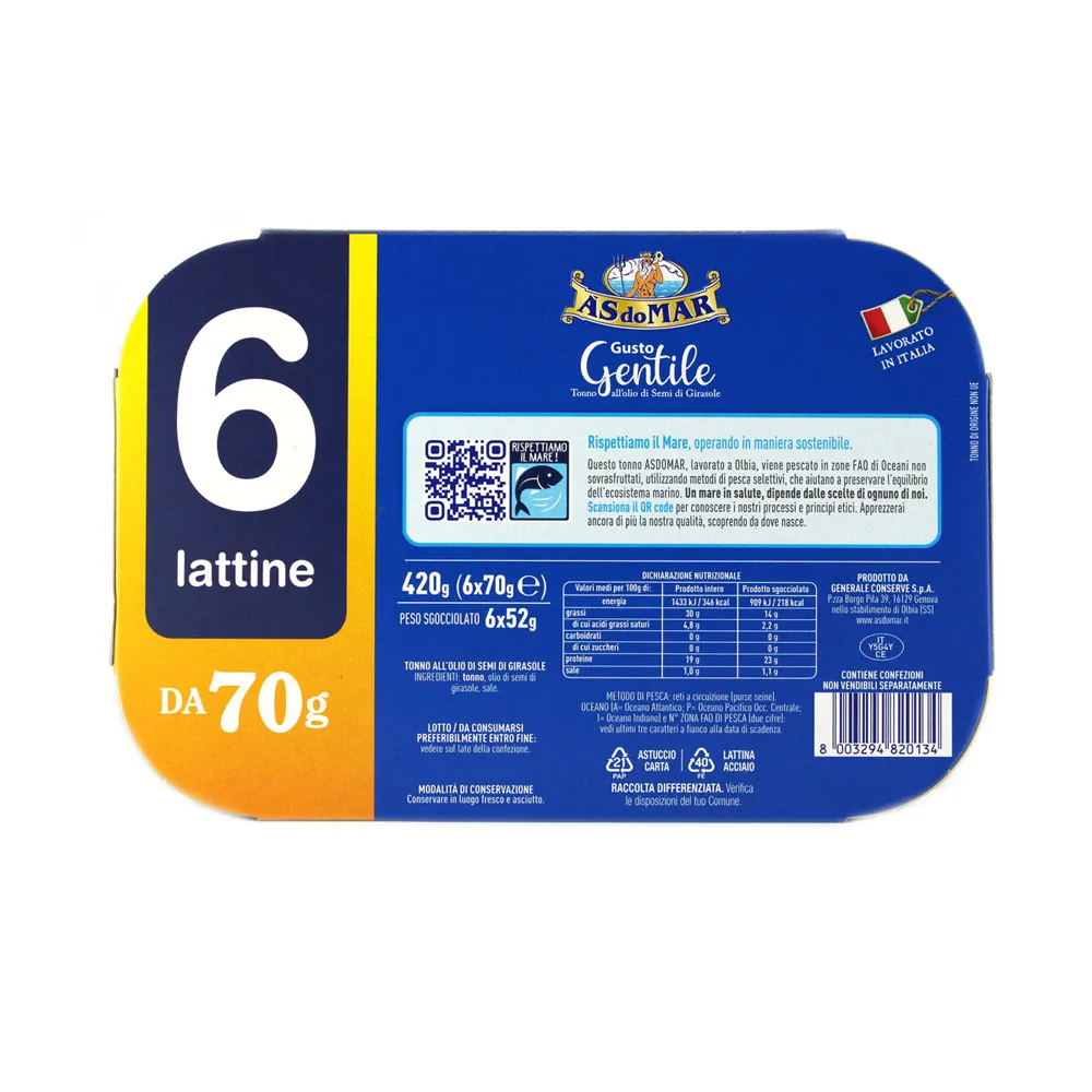 ASDOMAR TONNO OLIO AI SEMI DI GIRASOLE 6X70GR - immagine 3