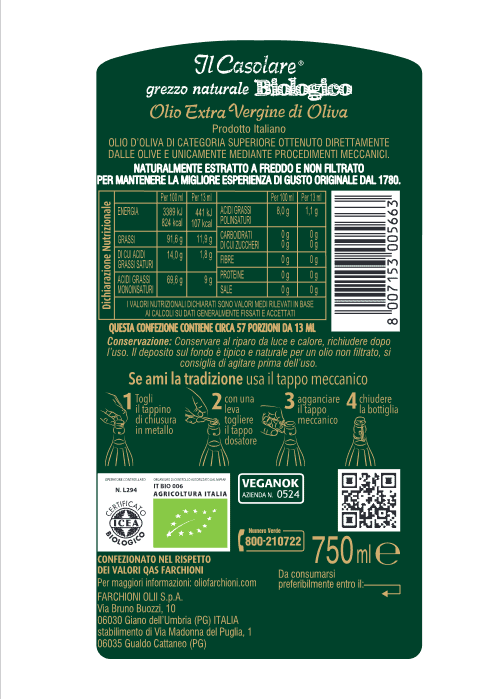 FARCHIONI OLIO EXTRA VERGINE GREZZO BIOLOGICO 75 CL - immagine 4